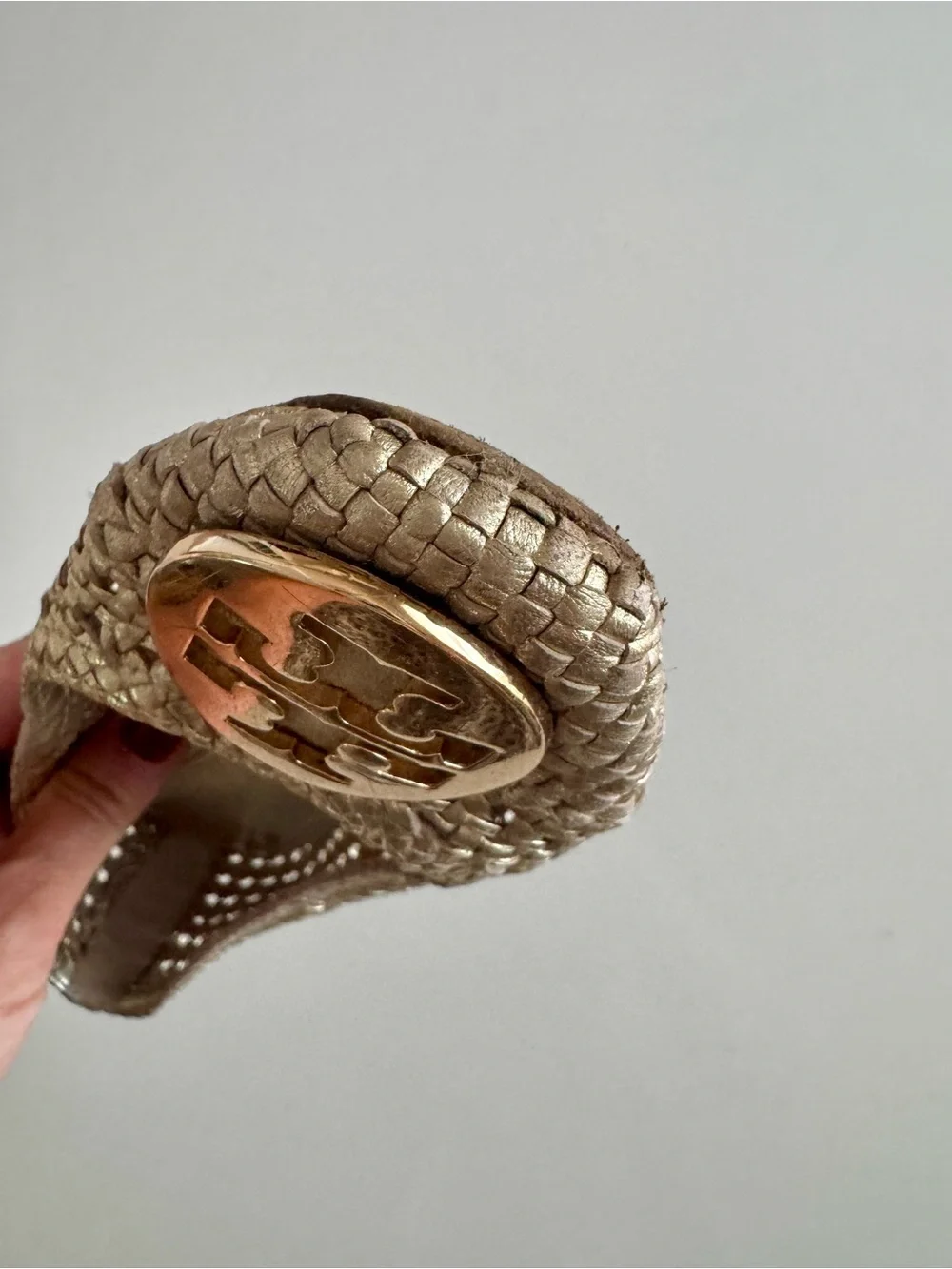 Tory Burch Metallic Gold Woven Flats with Logo Medallions